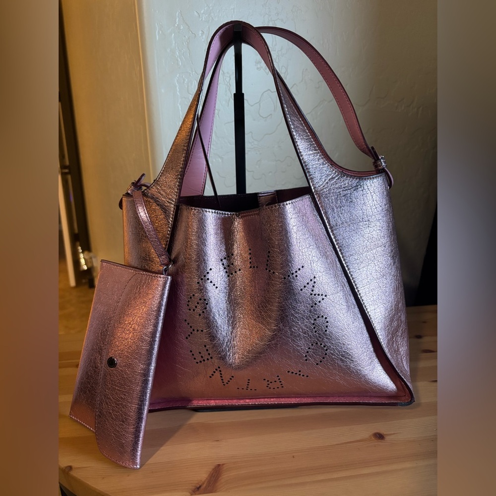 Stella McCartney Logo Metallic Pink Tote with Clutch